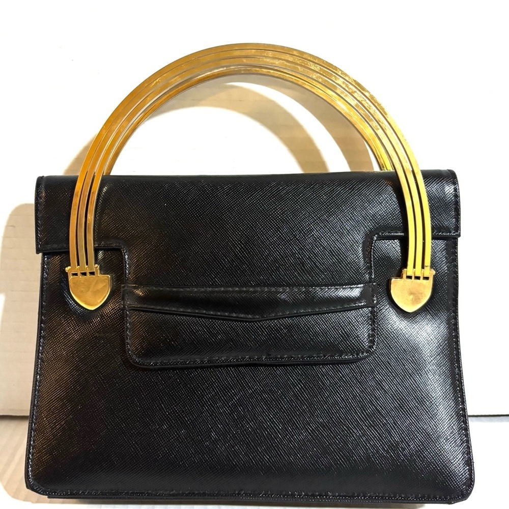 Vintage Black Leather Handbag with Gold Arched Handles